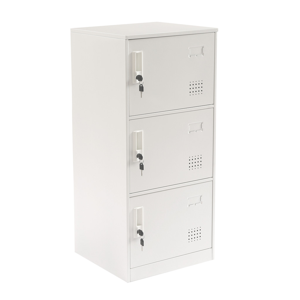 Solid white 3-drawer filing cabinet upright view